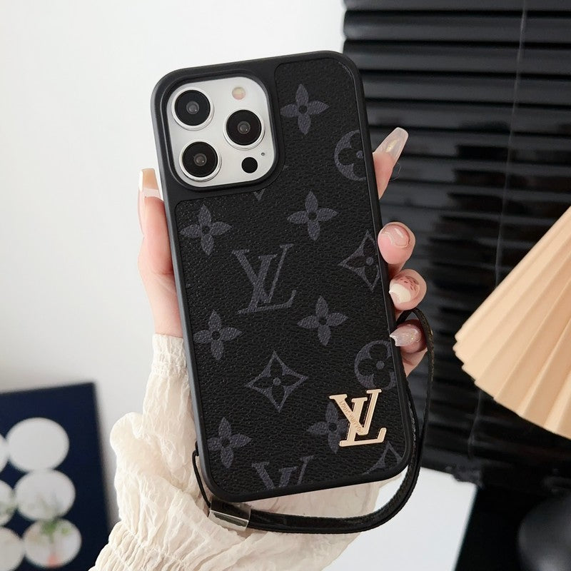 Louis Vuitton-inspired iPhone case with hand strap, black