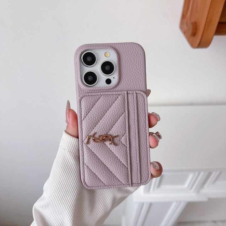 YSL-inspired chevron leather iPhone case with card pocket