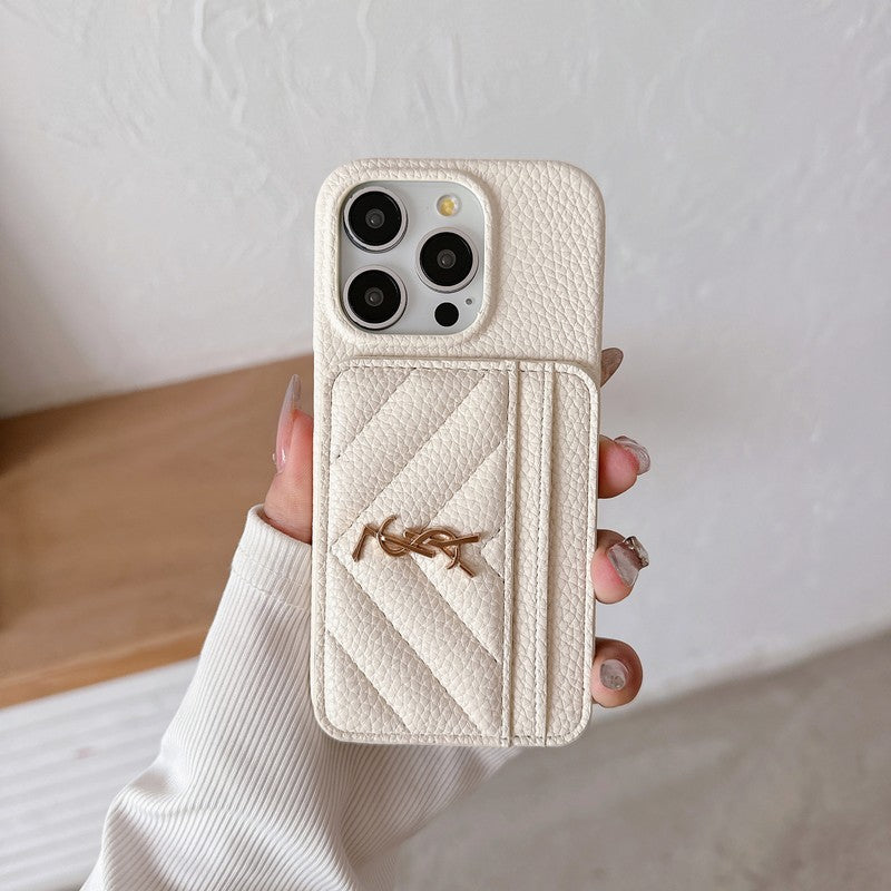 Leather iPhone case with bag-style pocket, white