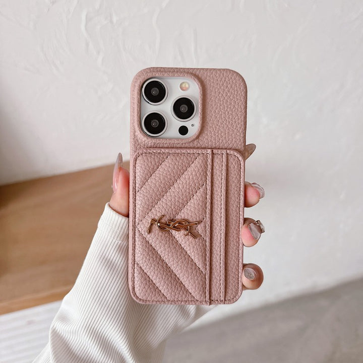 YSL-inspired chevron leather iPhone case with card pocket