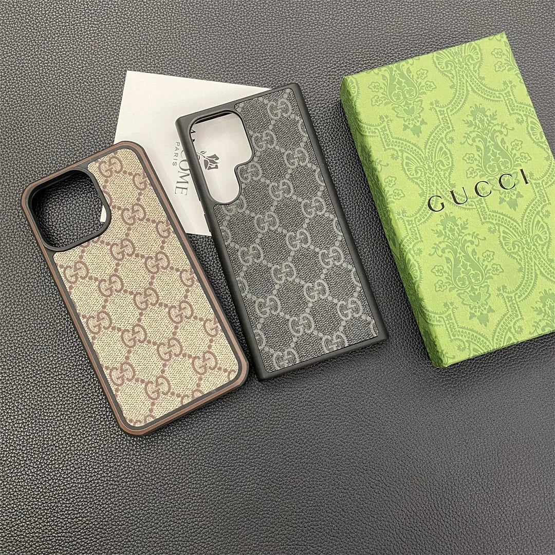 Gucci-inspired check and monogram cases for iPhone 13 and Samsung