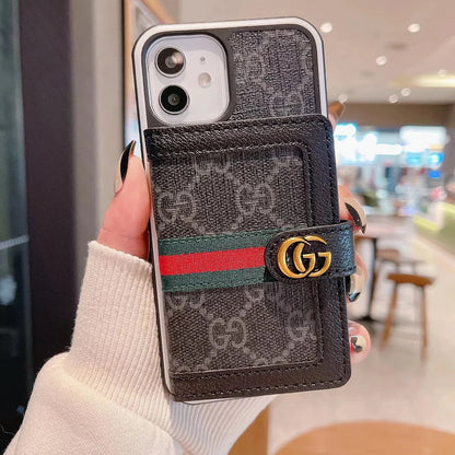 Gucci-inspired monogram iPhone 16 cardholder case with web stripe
