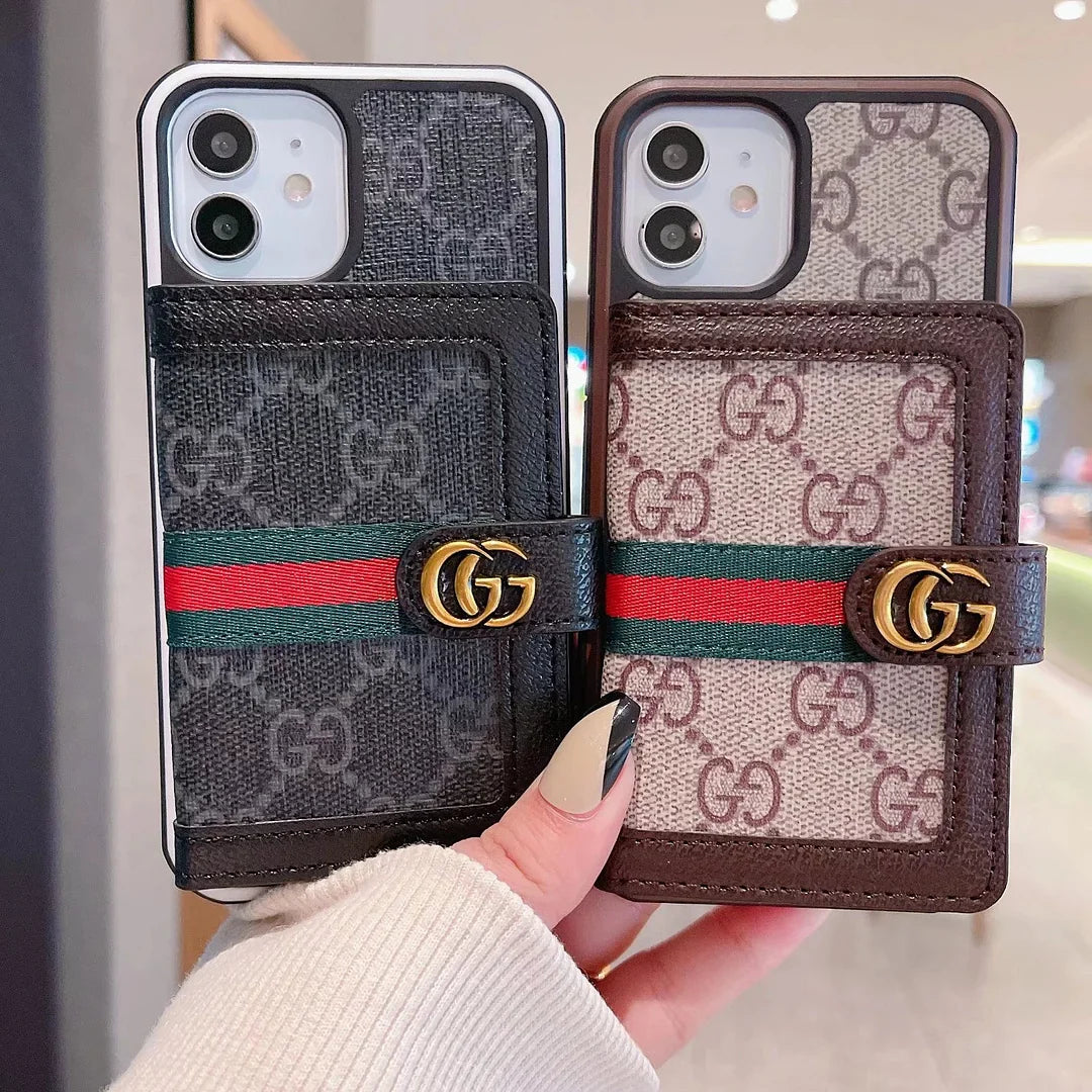 Gucci-inspired monogram iPhone 16 cardholder case with web stripe
