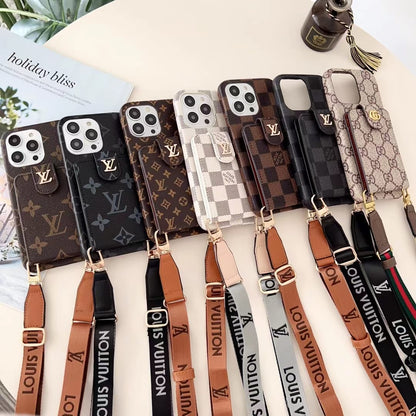 Louis Vuitton-inspired monogram phone case with strap and card pocket