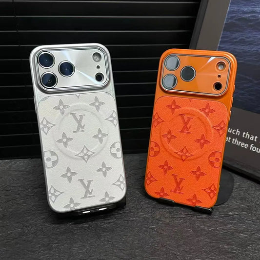 Louis Vuitton-inspired light monogram iPhone 17 case with contrasting camera trim