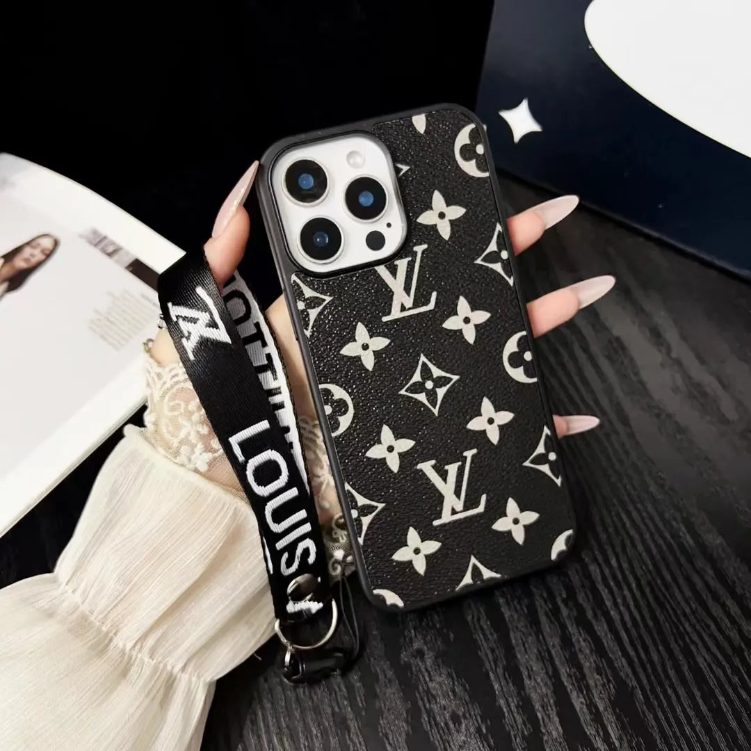 Louis Vuitton-inspired bright monogram phone case with wrist strap