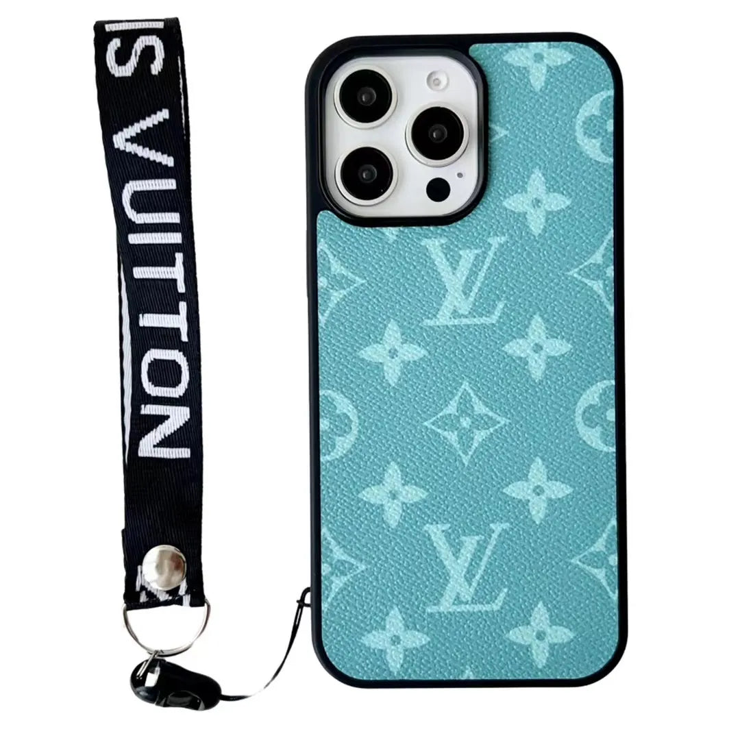 Louis Vuitton-inspired bright monogram phone case with wrist strap