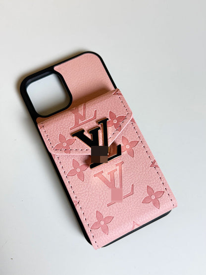 Louis Vuitton-inspired pink iPhone case with card holder