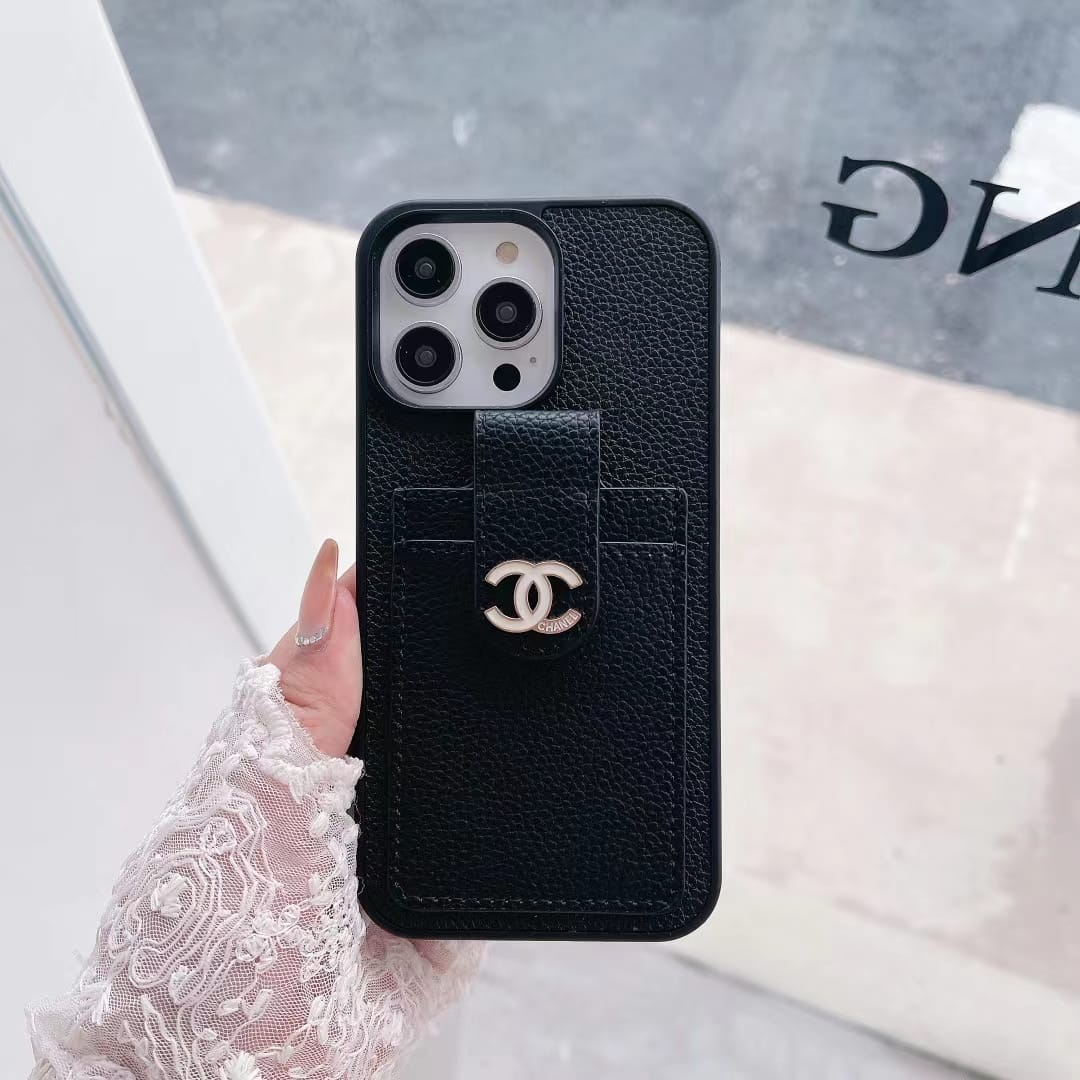 Chanel-inspired phone wallet case with contrast card pocket