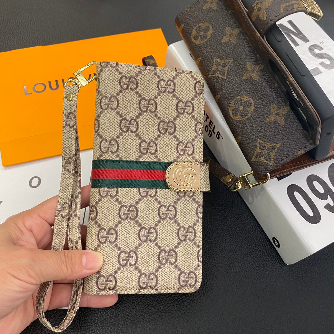 Louis Vuitton-inspired wallet phone case with card slots and wrist strap
