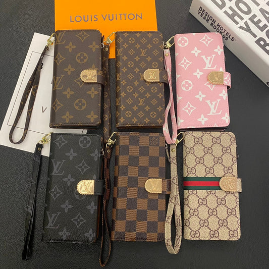 Louis Vuitton-inspired wallet phone case with card slots and wrist strap