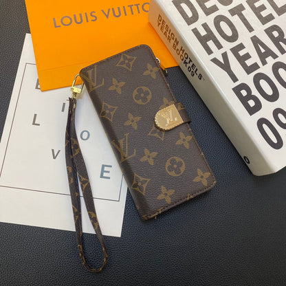 Louis Vuitton-inspired wallet phone case with card slots and wrist strap