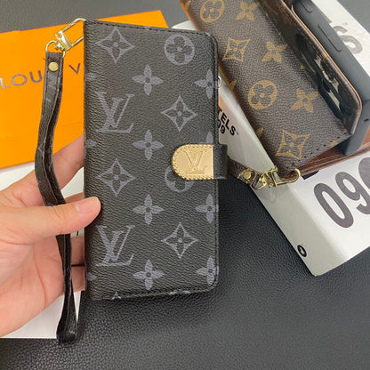 Louis Vuitton-inspired wallet phone case with card slots and wrist strap