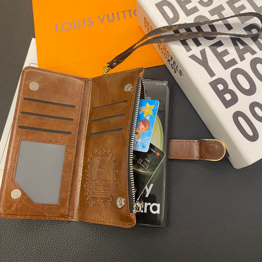 Louis Vuitton-inspired wallet phone case with card slots and wrist strap