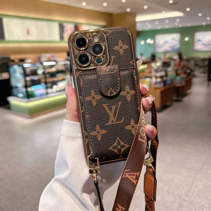 Louis Vuitton-inspired monogram crossbody wallet phone case with card pocket strap