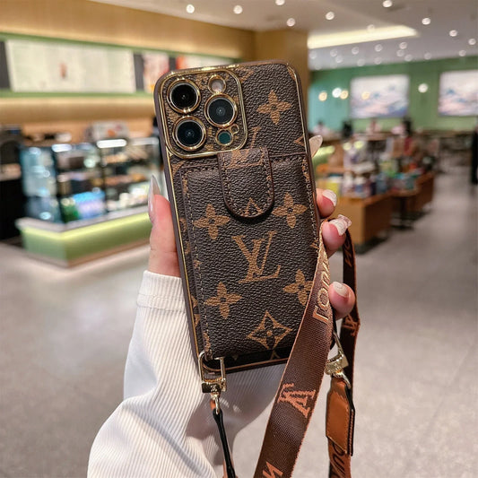 Louis Vuitton-inspired monogram crossbody wallet phone case with card pocket strap