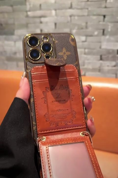 Louis Vuitton-inspired monogram crossbody wallet phone case with card pocket strap