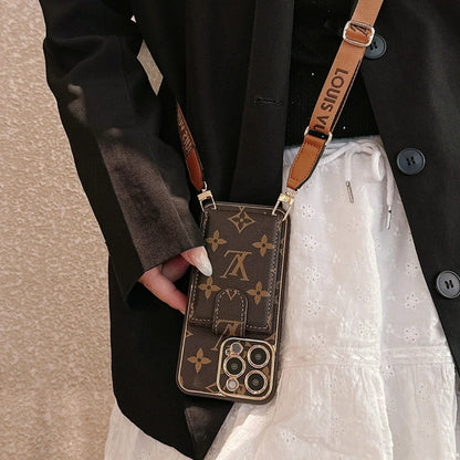 Louis Vuitton-inspired monogram crossbody wallet phone case with card pocket strap