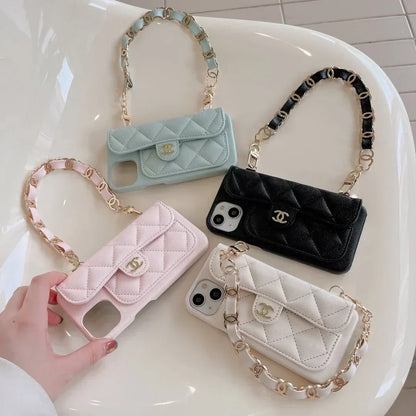 Chanel-inspired quilted phone case with beaded hand strap