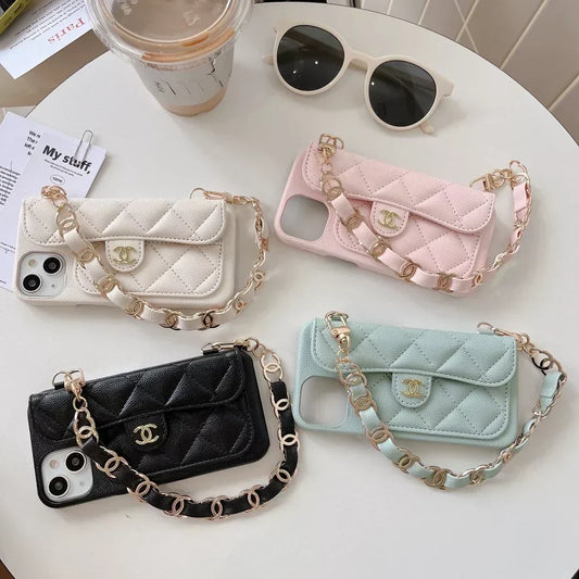 Chanel-inspired quilted phone case with beaded hand strap