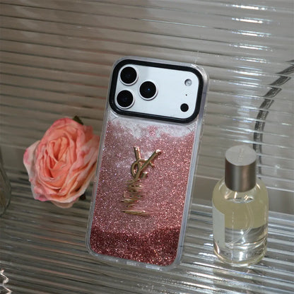 YSL-inspired glitter finish iPhone case with emblem detail