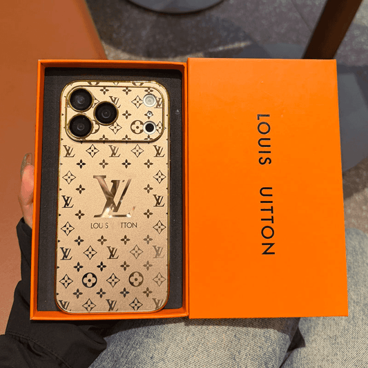 Louis Vuitton-inspired small monogram iPhone case with contrasting camera trim, gold