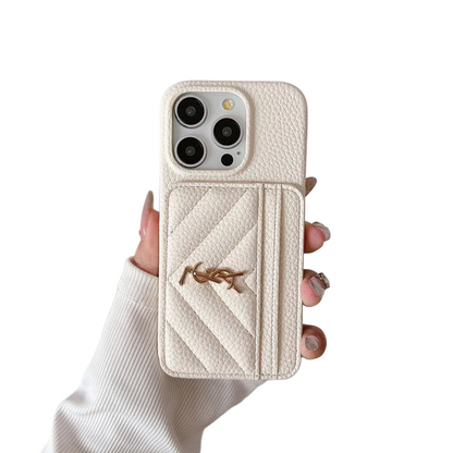 YSL-inspired chevron leather iPhone case with card pocket, white