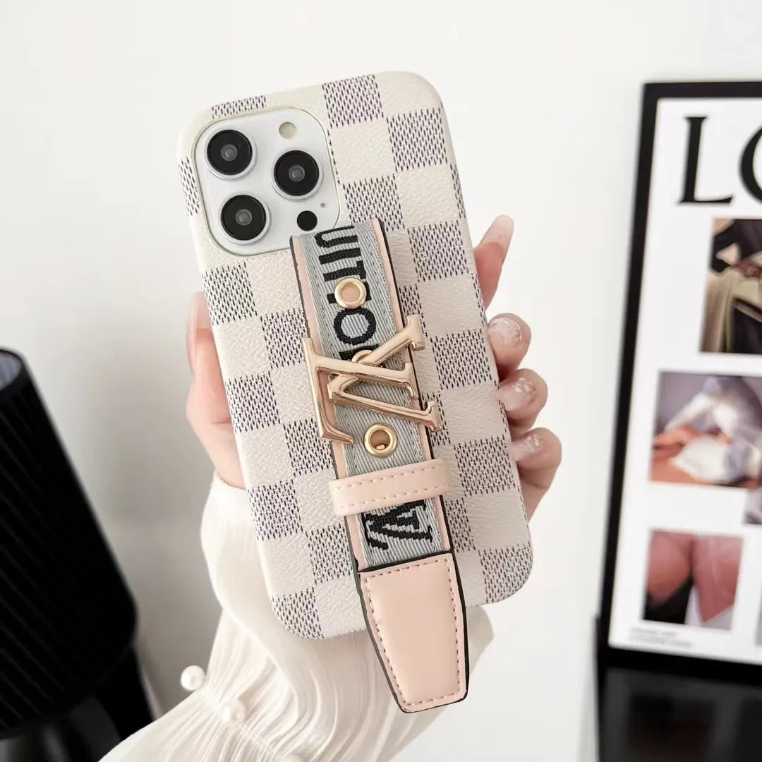 Louis Vuitton-inspired checkered phone case with hand strap for iPhone 16 Pro Max