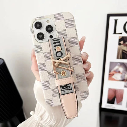 Louis Vuitton-inspired checkered phone case with hand strap for iPhone 16 Pro Max