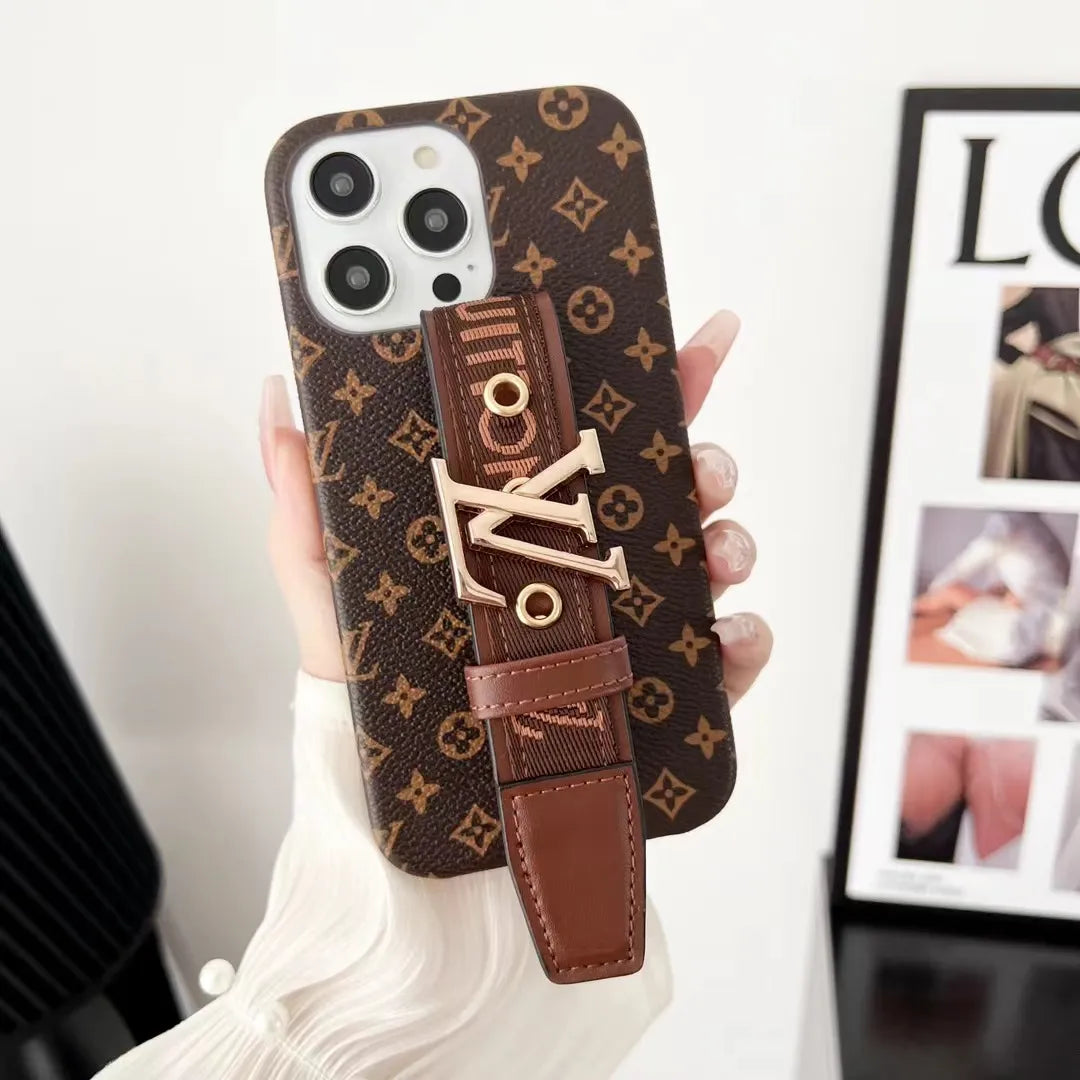 Louis Vuitton-inspired checkered phone case with hand strap for iPhone 16 Pro Max