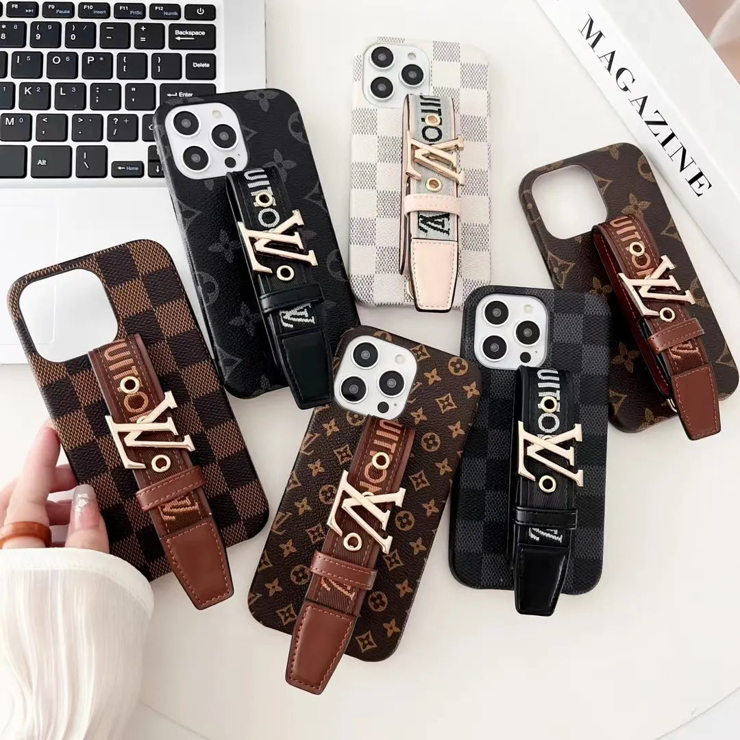 Louis Vuitton-inspired checkered phone case with hand strap for iPhone 16 Pro Max
