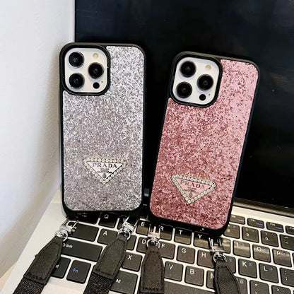 Prada-inspired glitter phone case with wrist strap