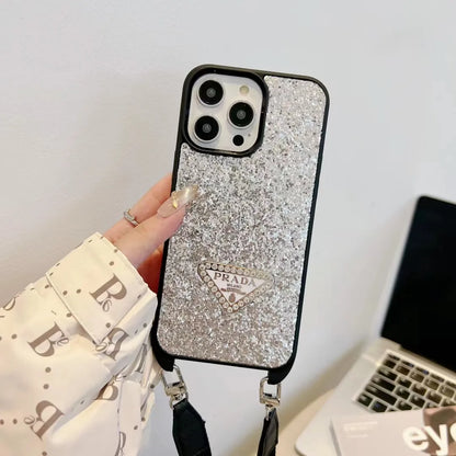 Prada-inspired glitter phone case with wrist strap