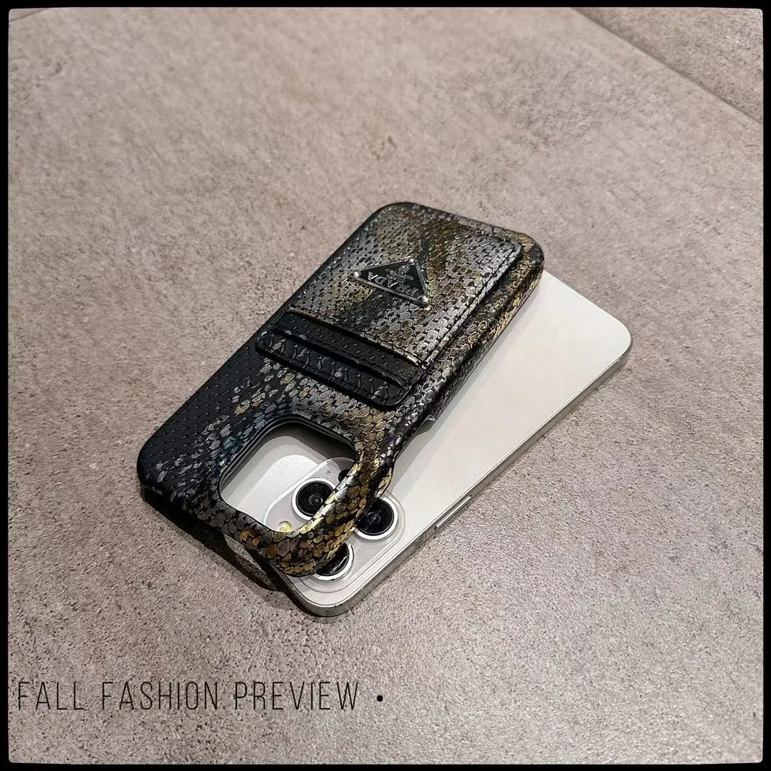 Prada-inspired textured phone case with triangle emblem