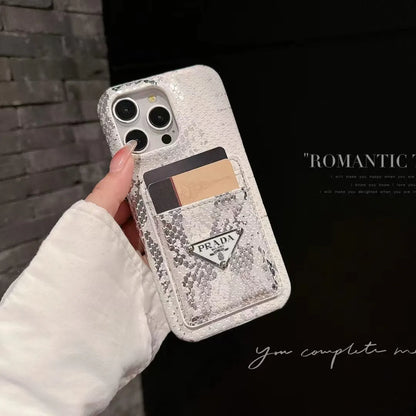 Prada-inspired textured phone case with triangle emblem