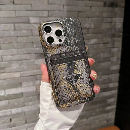 Prada-inspired textured phone case with triangle emblem