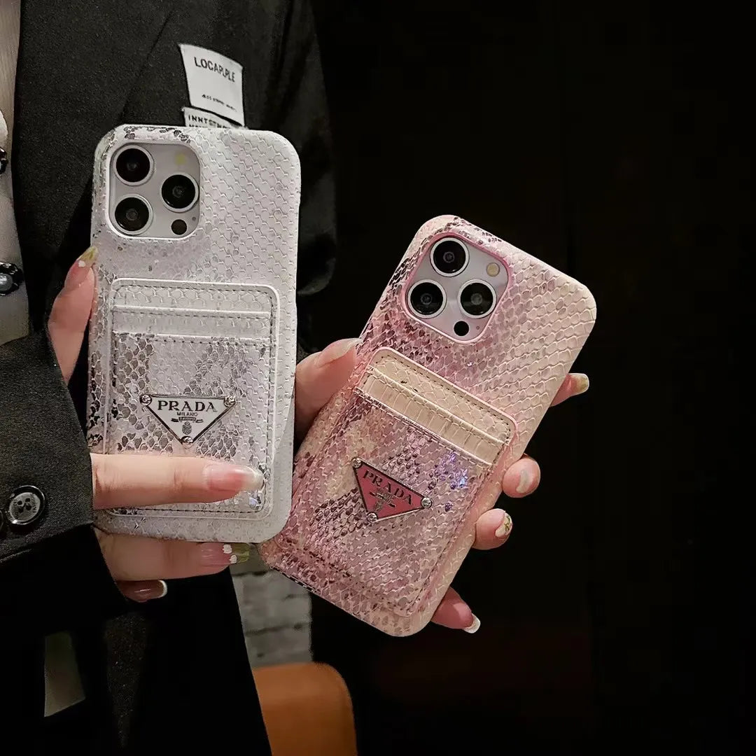Prada-inspired textured phone case with triangle emblem