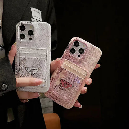 Prada-inspired textured phone case with triangle emblem