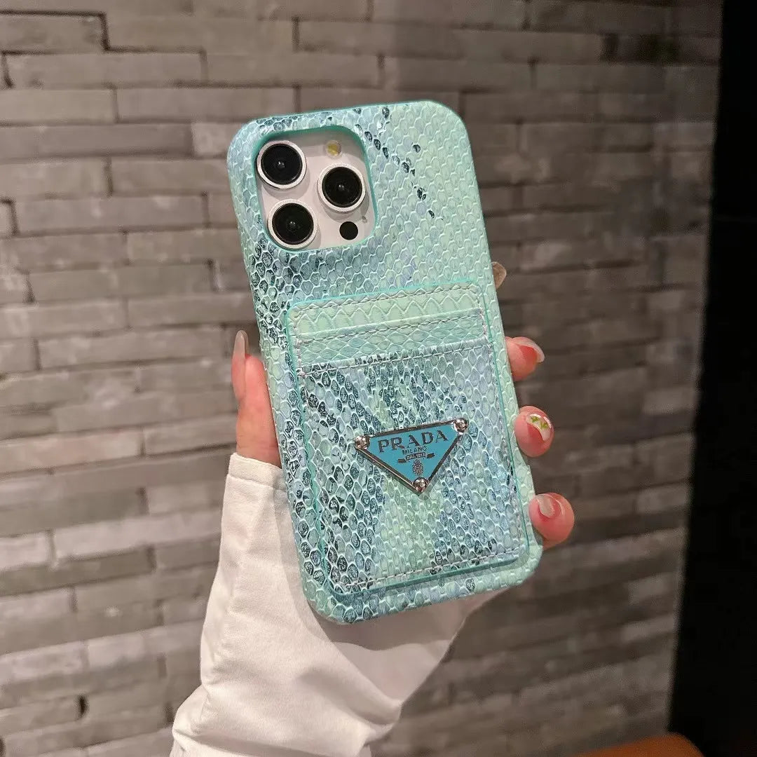 Prada-inspired textured phone case with triangle emblem