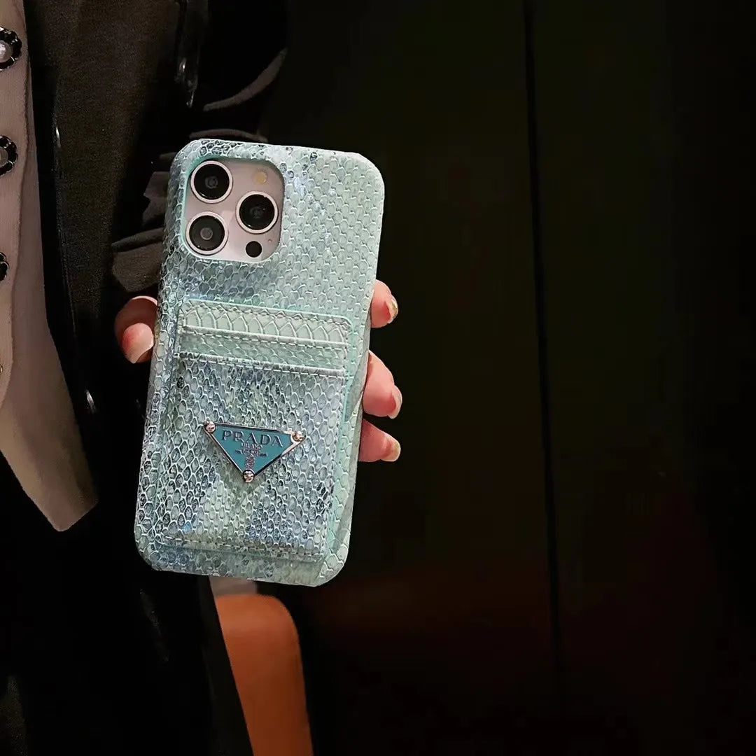 Prada-inspired textured phone case with triangle emblem