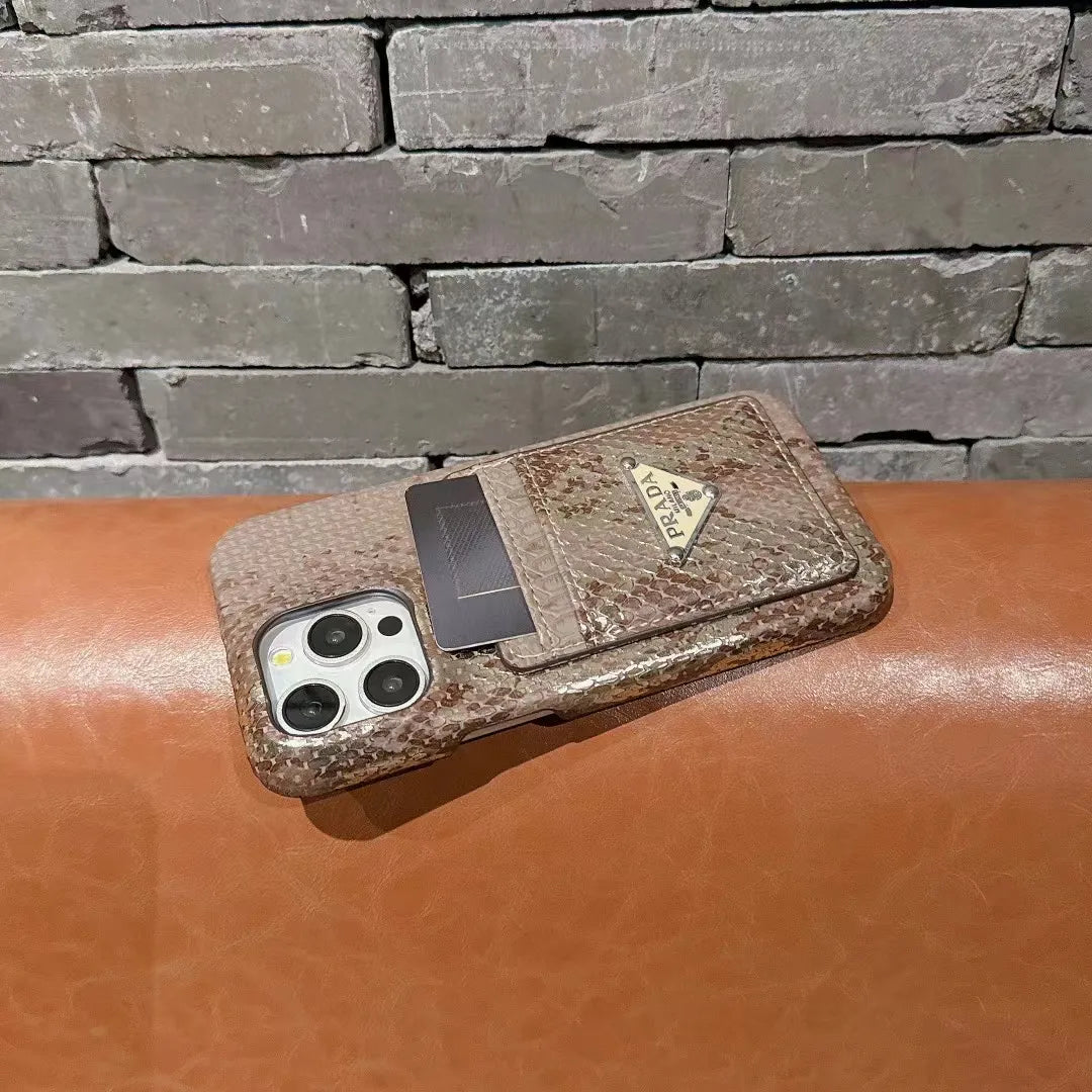 Prada-inspired textured phone case with triangle emblem