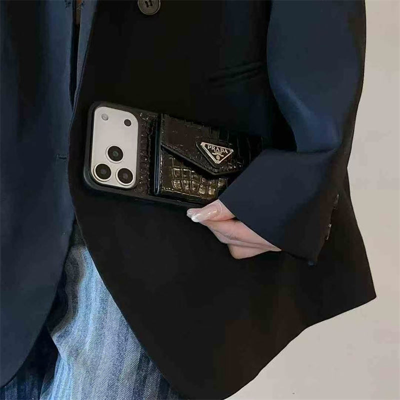 Prada-inspired elegant apple phone case with card holder for iPhone 17 / 16 / 15 / 14