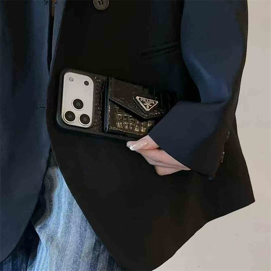 Prada-inspired elegant apple phone case with card holder for iPhone 17 / 16 / 15 / 14