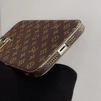 Louis Vuitton-inspired brown monogram iPhone case with emblem