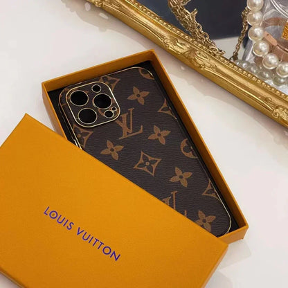 Louis Vuitton-inspired brown monogram iPhone case with emblem