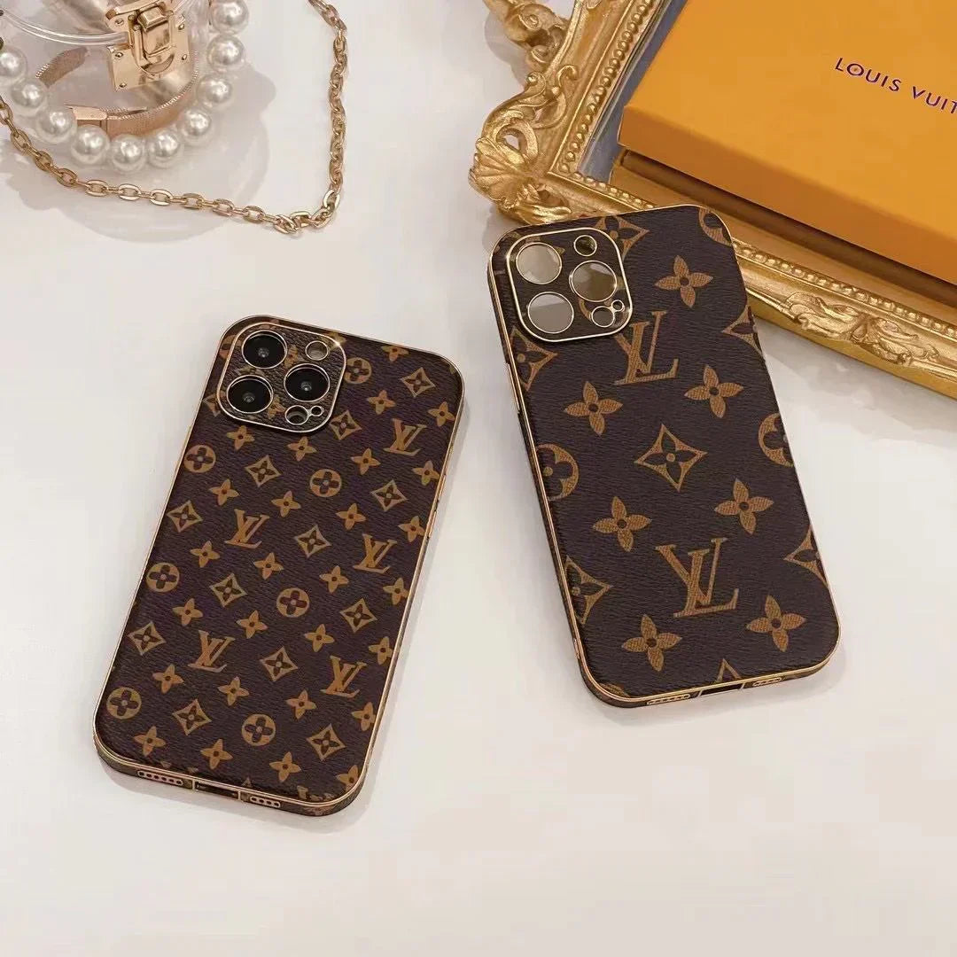 Louis Vuitton-inspired brown monogram iPhone case with emblem