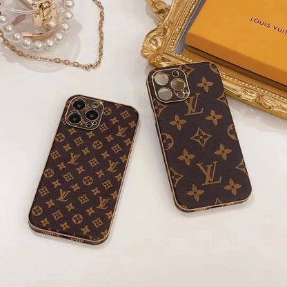 Louis Vuitton-inspired brown monogram iPhone case with emblem