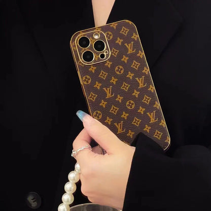 Louis Vuitton-inspired brown monogram iPhone case with emblem