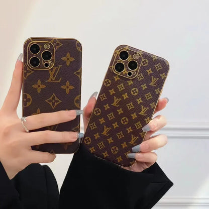 Louis Vuitton-inspired brown monogram iPhone case with emblem