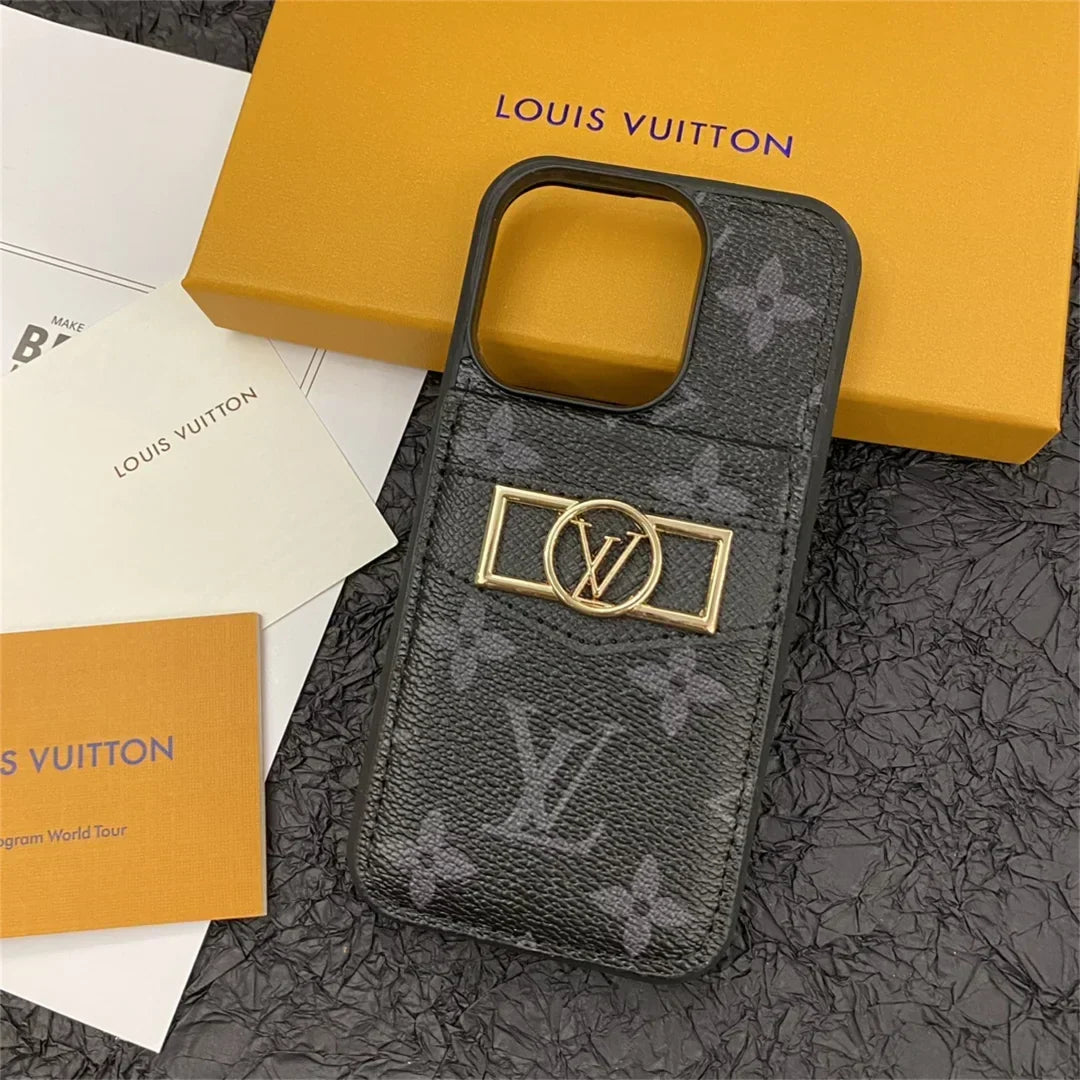 Louis Vuitton-inspired monogram phone case with card pocket, embossed black monogram